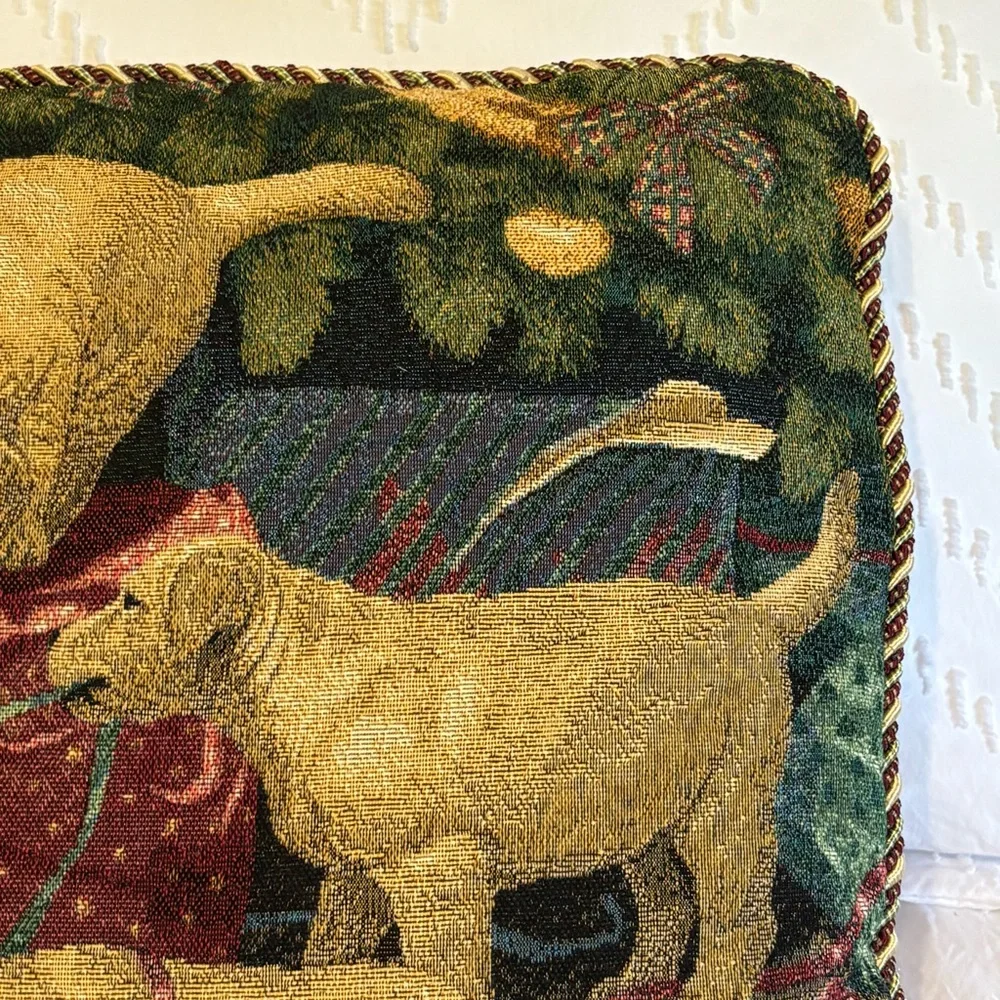 Vintage Lab Puppies Dogs Christmas Tapestry Throw Pillow By Mia Lane 16”x16”